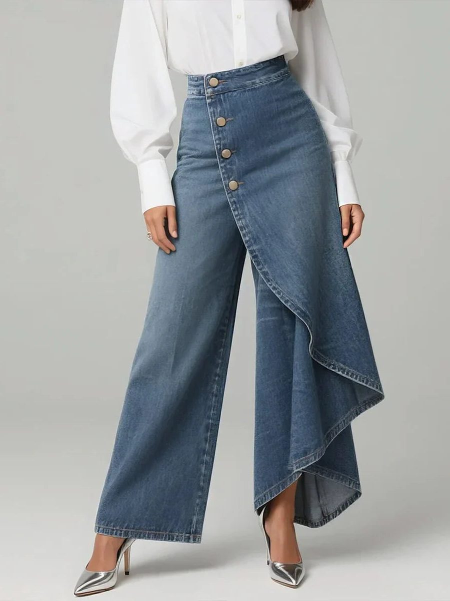 High Waist Wide Leg Denim Pants for Women - Blue