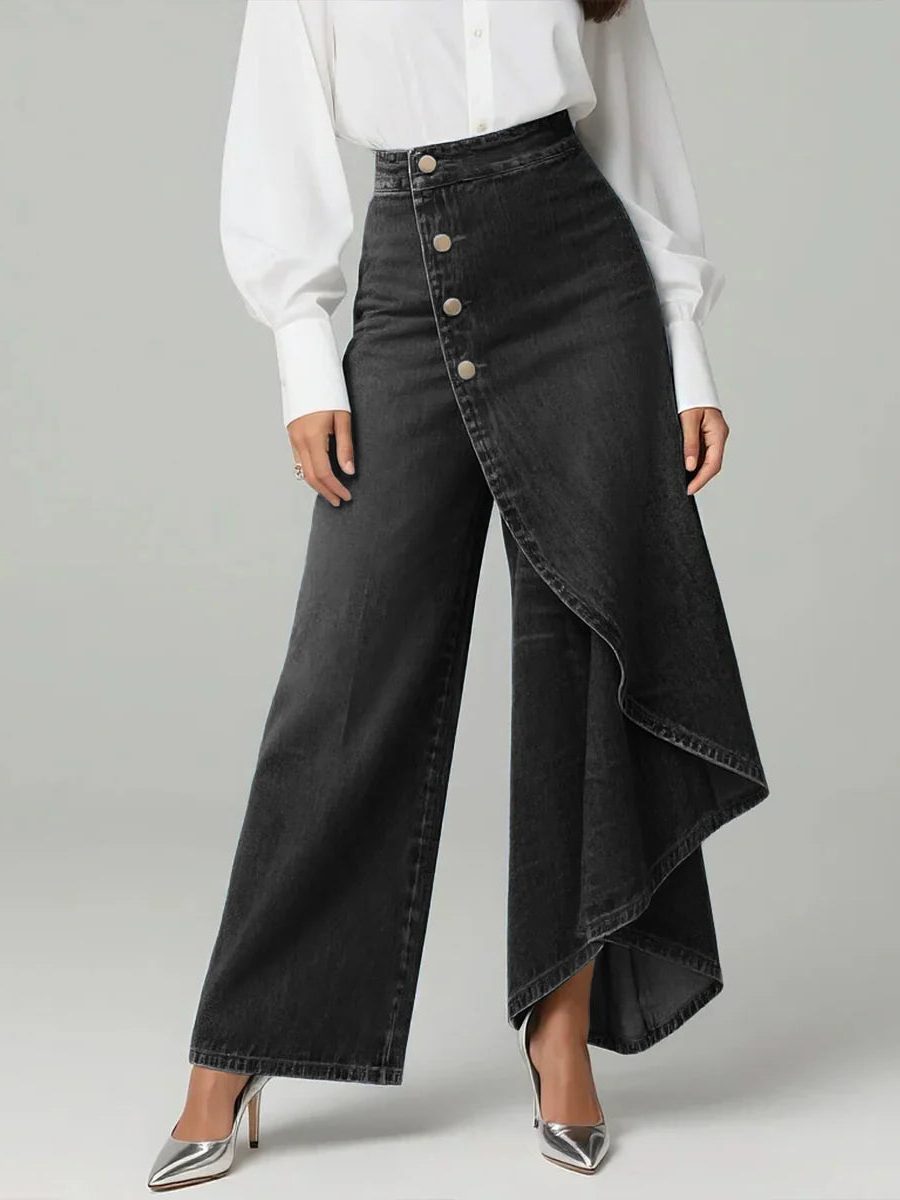 High Waist Wide Leg Denim Pants for Women - Black