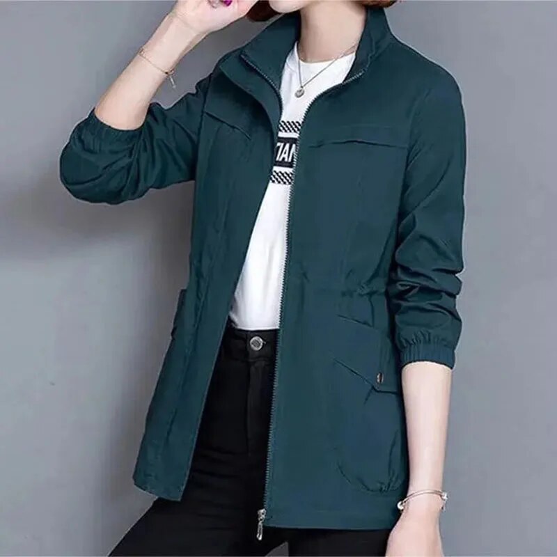 Women’s Lightweight Jacket with Zipper, Waist Drawstring, and Pockets Mid-Layer Jacket for Spring and Fall