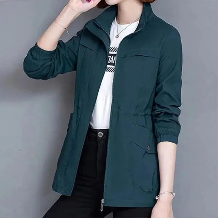 Women’s Lightweight Jacket with Zipper, Waist Drawstring, and Pockets Mid-Layer Jacket for Spring and Fall
