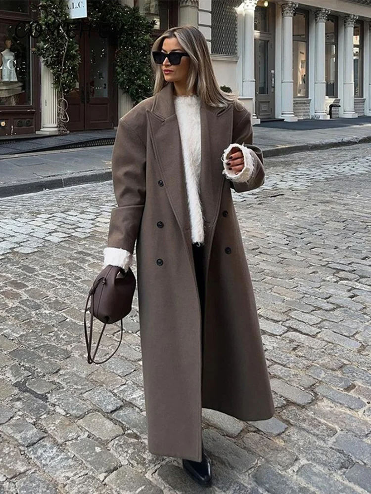Lange Oversized Dames Mantel Jas met Dubbele Knoopsluiting