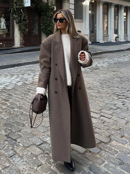 Lange Oversized Dames Mantel Jas met Dubbele Knoopsluiting