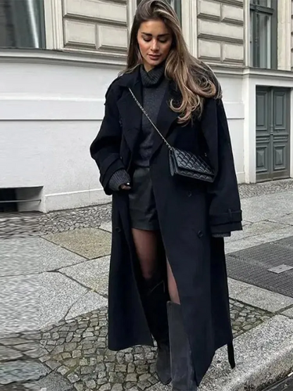 Lange Oversized Dames Mantel Jas met Dubbele Knoopsluiting