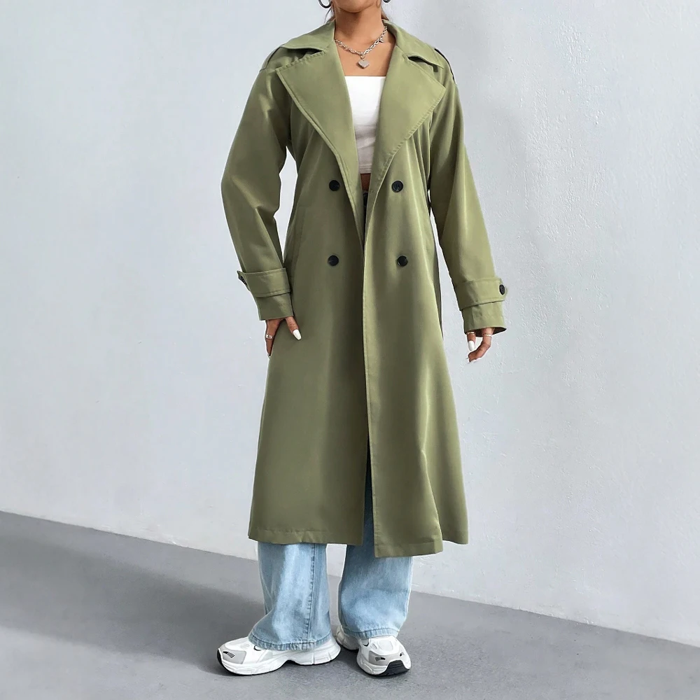 Lange Dames Trenchcoat met Dubbele Rij Knopen