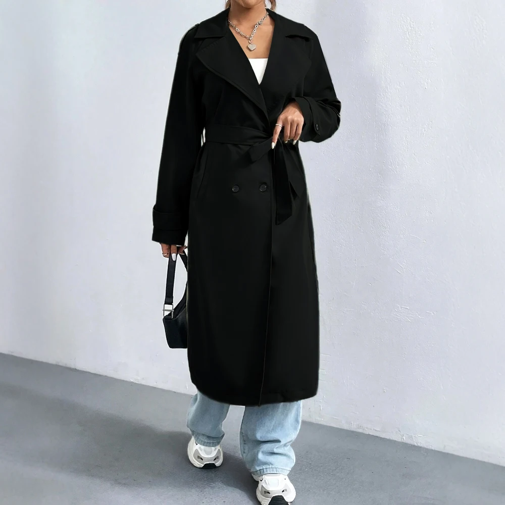 Lange Dames Trenchcoat met Dubbele Rij Knopen