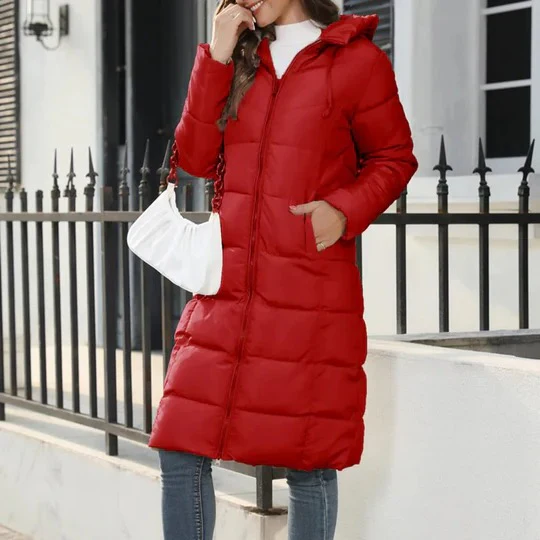 Long Warm Women's Puffer Coat with Hood and Zipper
