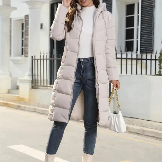 Long Warm Women's Puffer Coat with Hood and Zipper