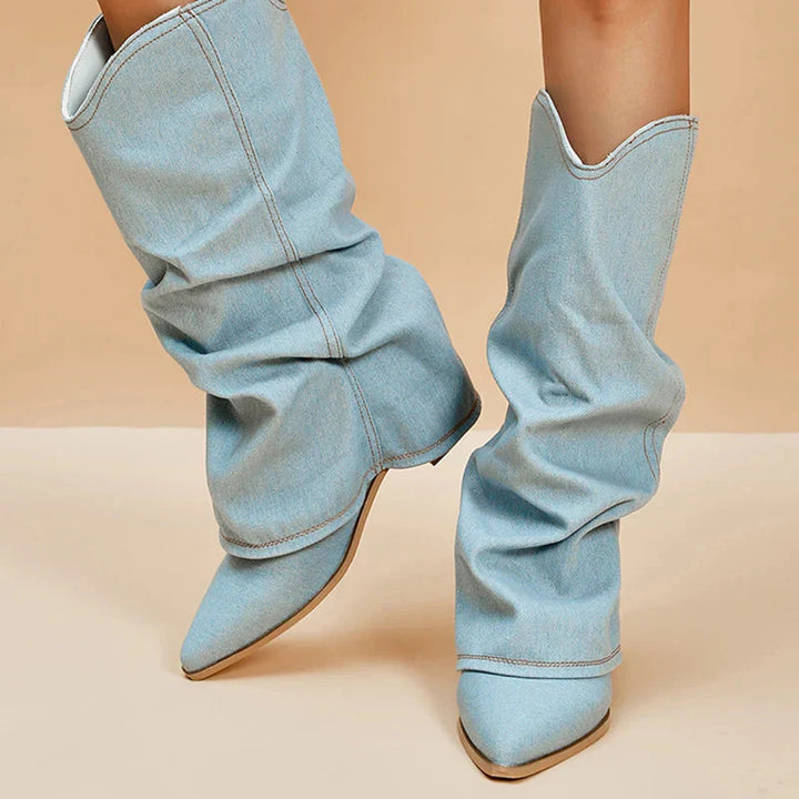 Bottes western en denim à talon bas - Style cow-boy