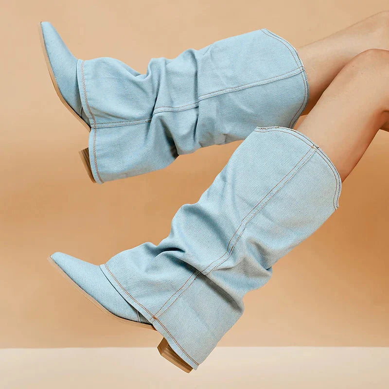 Bottes western en denim à talon bas - Style cow-boy
