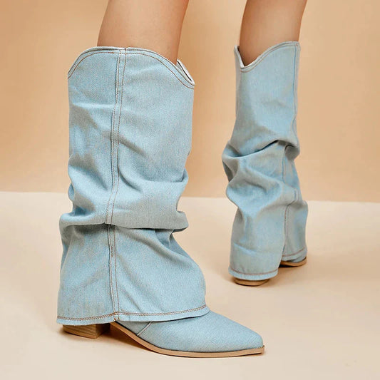 Denim Western Boots met Lage Hak - Cowboystijl