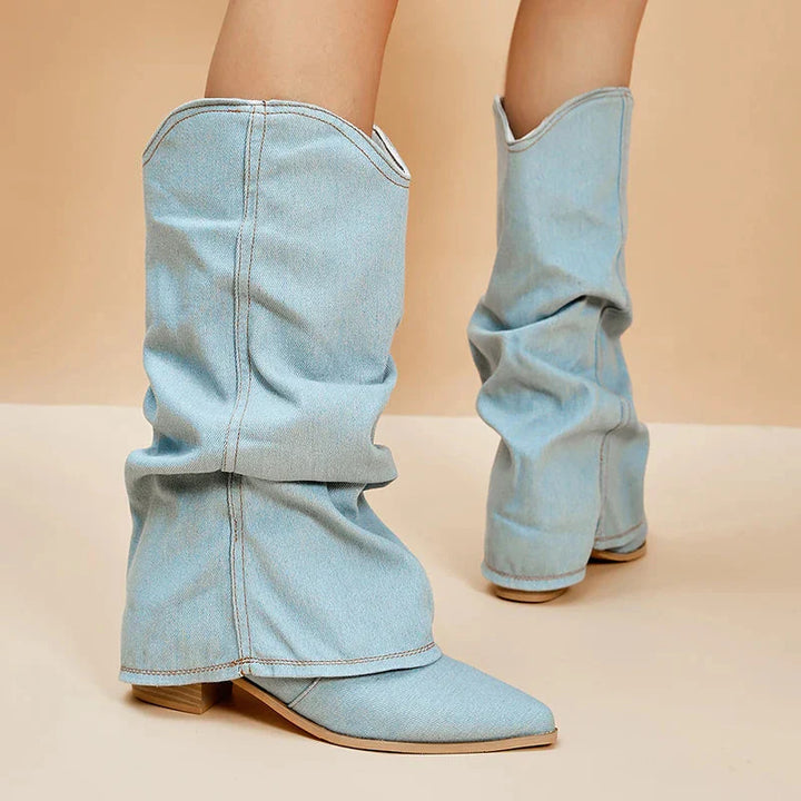 Bottes western en denim à talon bas - Style cow-boy