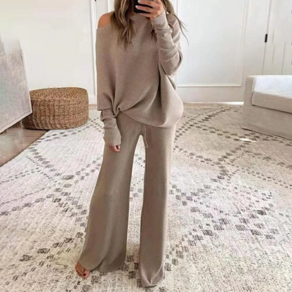 Oversized One-Shoulder Dames Trui Set met Wijde Pijpen