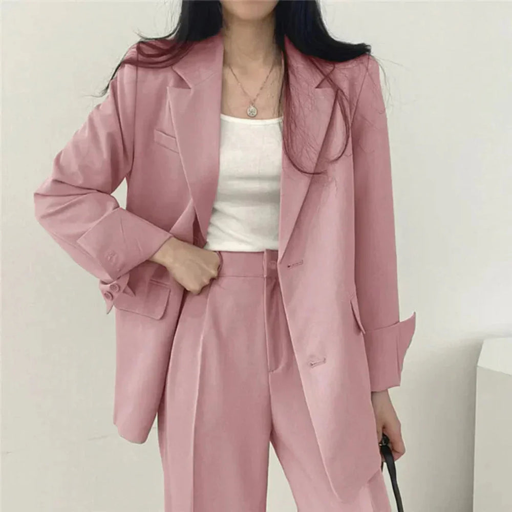 Gestructureerde en chique dames set met comfortabele blazer en broek