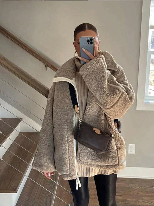 Warme oversized teddy dames jas met comfortabele zachte voering