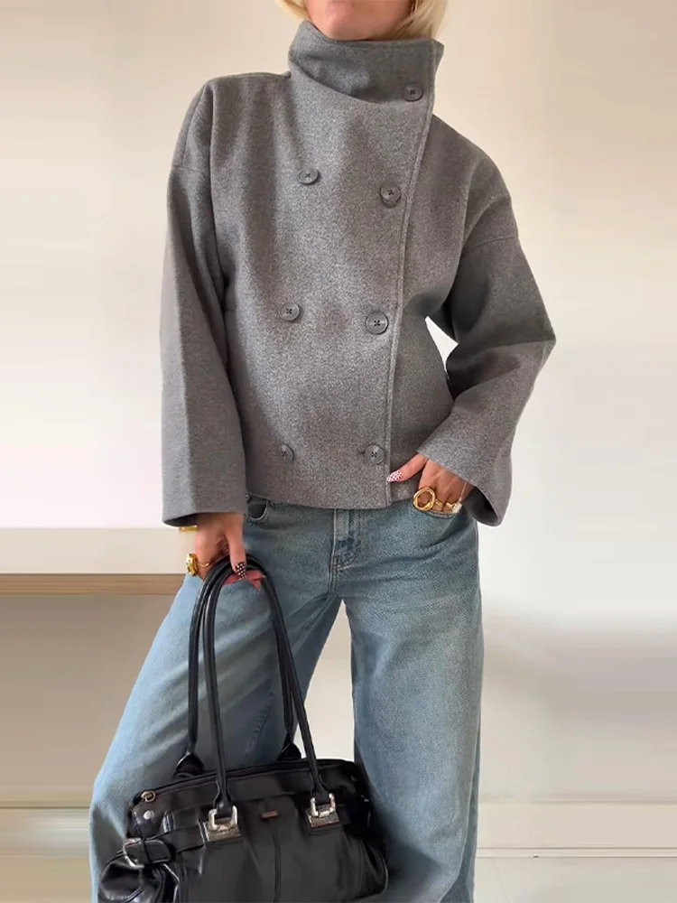 Wool-Blend Women's Coat with High Collar and Double Buttons
