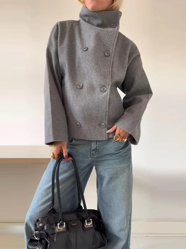 Wool-Blend Women's Coat with High Collar and Double Buttons