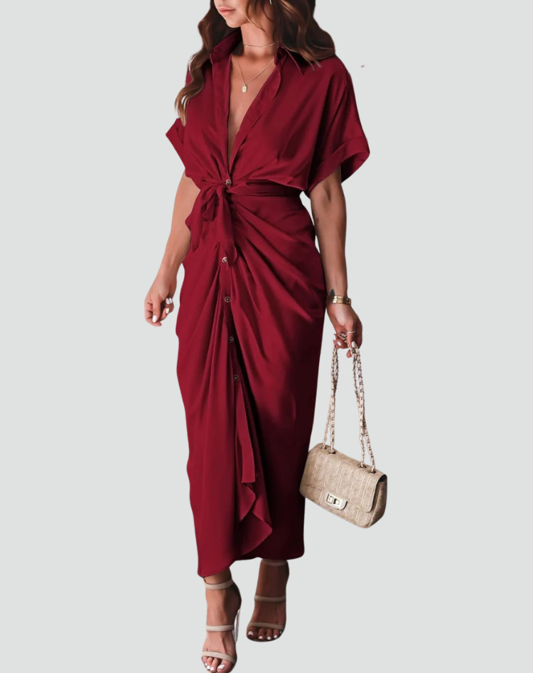 Chic Women's Midi Shirt Dress with Waist Tie and Button Closure