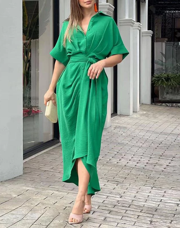 Chique Dames Overhemdjurk Midi met Taille Strik en Knoopsluiting