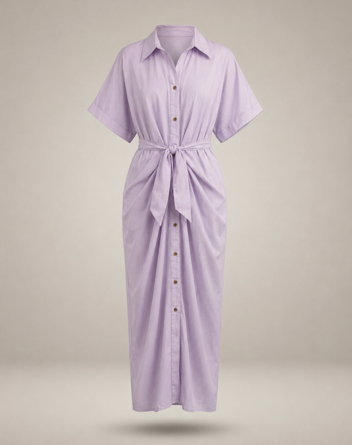 Chique Dames Overhemdjurk Midi met Taille Strik en Knoopsluiting