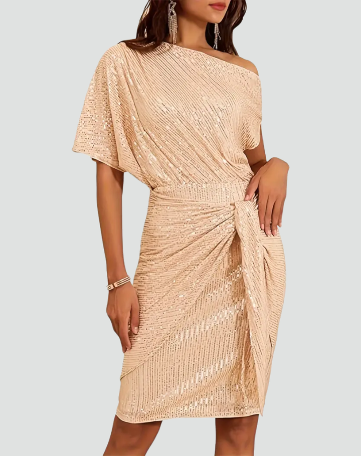 Sequin Women's Midi Dress with One-Shoulder and Bow Detail