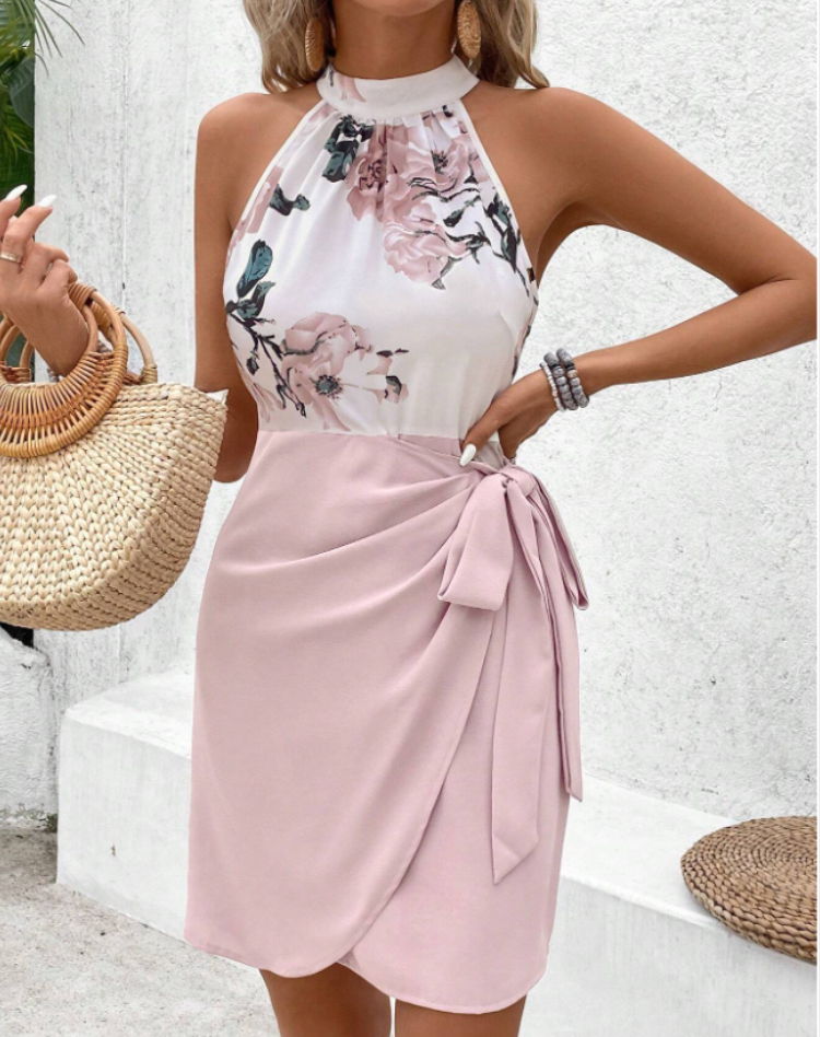 Lightweight Pink Women's Summer Mini Dress with Halter Neck and Bow Belt