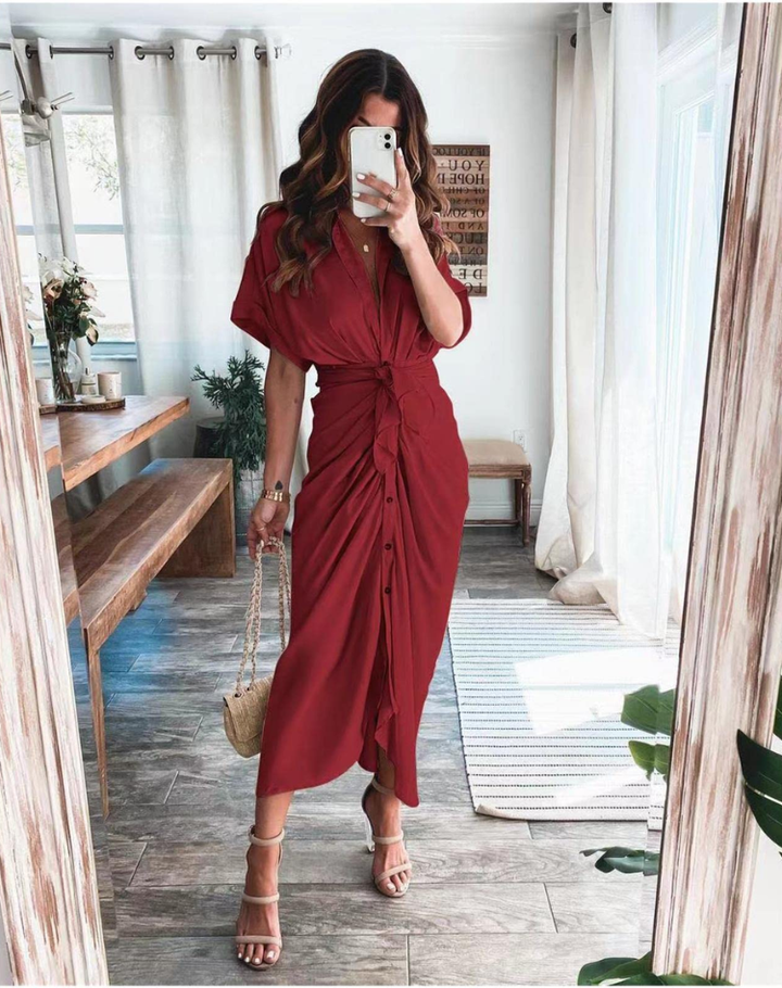 Chic Women's Midi Shirt Dress with Waist Tie and Button Closure