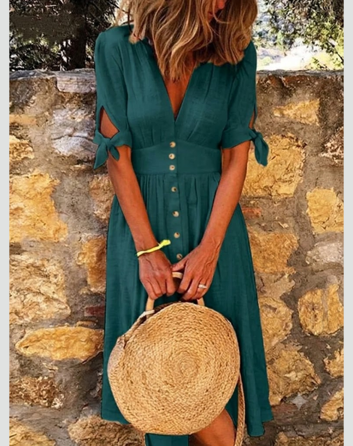 Groen Elegante Dames Zomer Midi Jurk Met Knopen En V Hals
