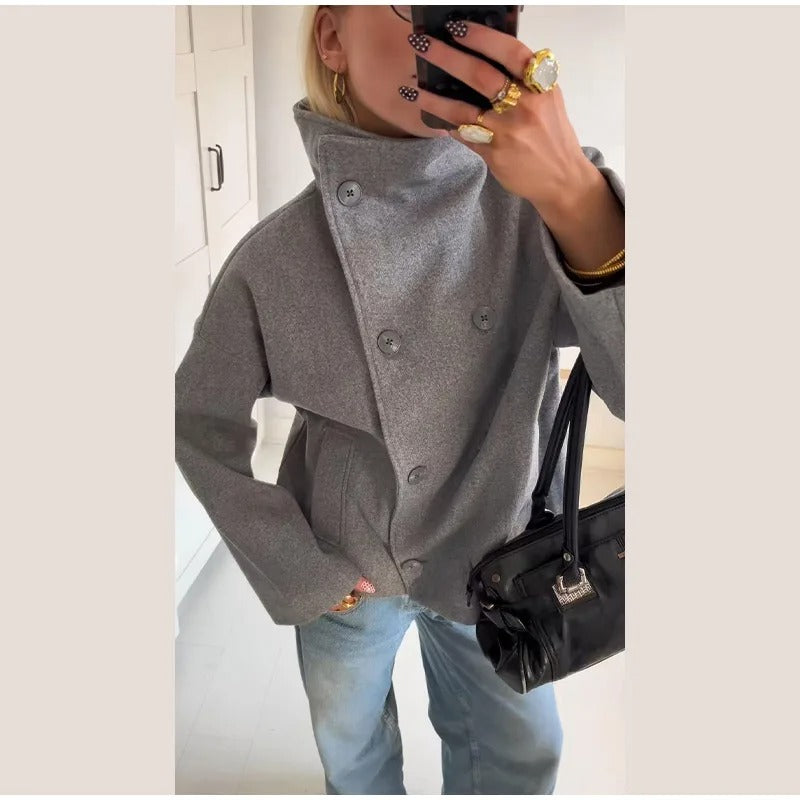 Wool-Blend Women's Coat with High Collar and Double Buttons
