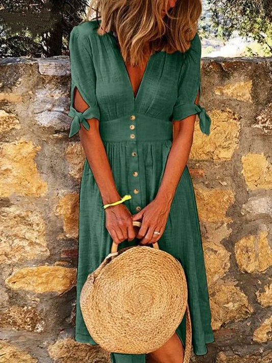 Groen Elegante Dames Zomer Midi Jurk Met Knopen En V Hals