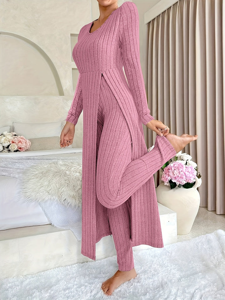Grey ribbed long sleeve Loungewear Set, front view