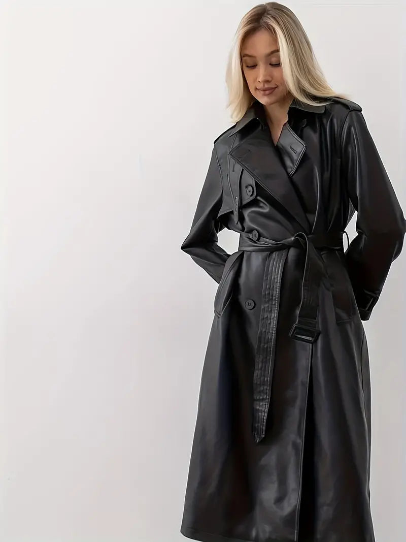 Stijlvolle Leren Dames Trenchcoat met Ceintuur