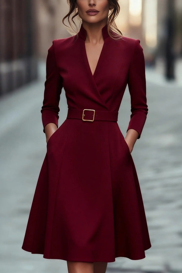 A-Line Elegant Midi Dress with Turtleneck and Waist Belt for Women