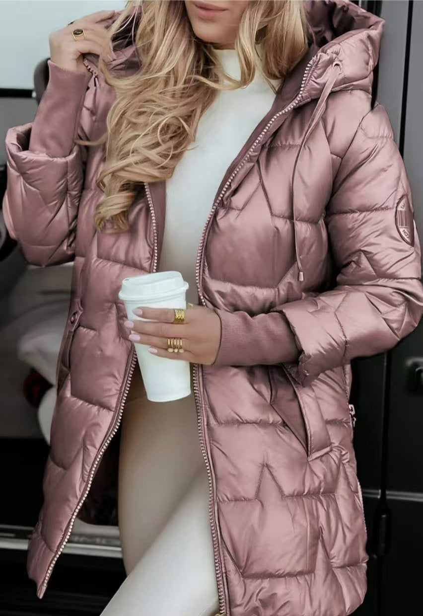 Women's Warm Mid-Length Puffer Coat with Hood and Pockets