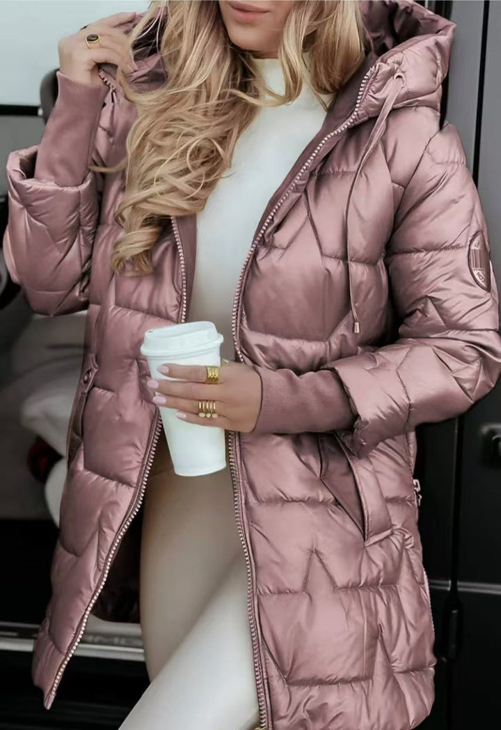Women's Warm Mid-Length Puffer Coat with Hood and Pockets