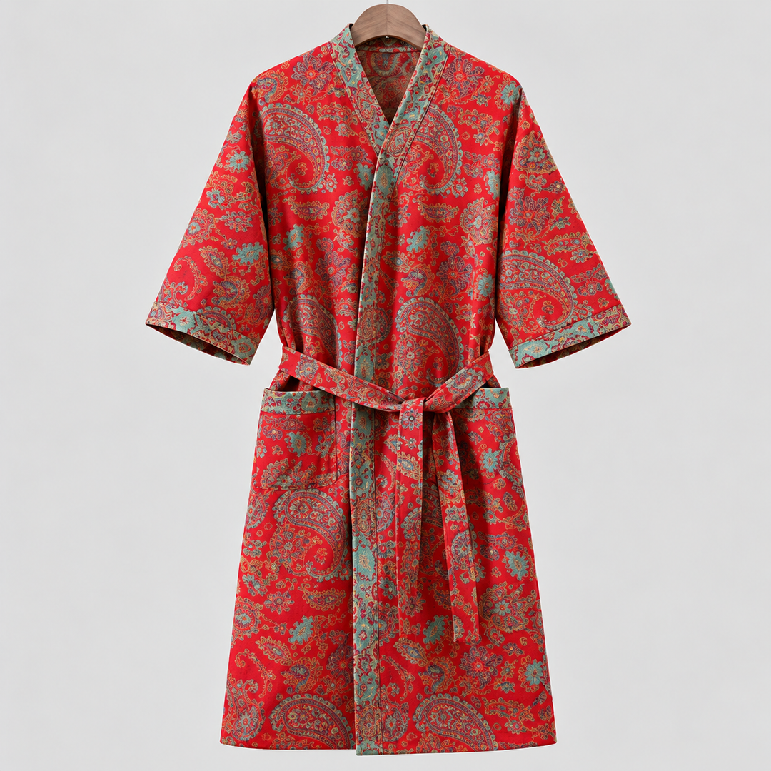 Miękki damski szlafrok kimono z kwiatowym wzorem i paskiem
