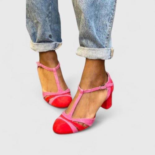 Gepolsterde Suède Dames Pumps met T-Bandje en Blokhak