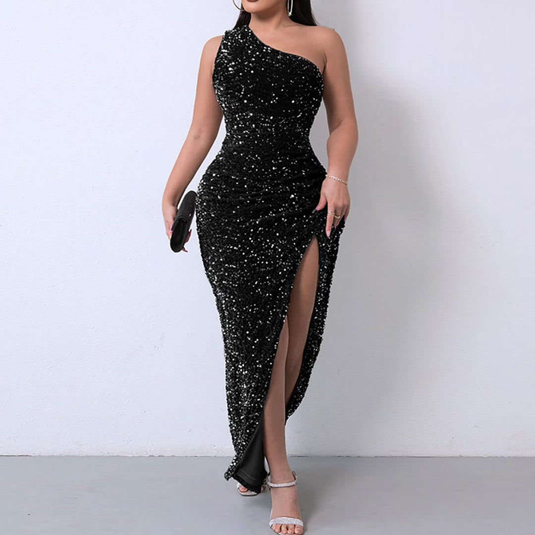 Luxury Glitter Gala Maxi Dress with One Shoulder and High Slit