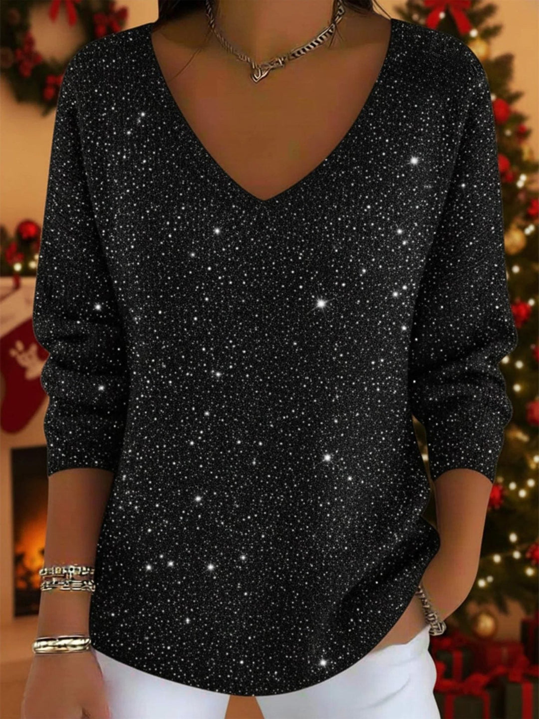 Festive Glitter V-Neck Long Sleeve Jumper for Women - Black