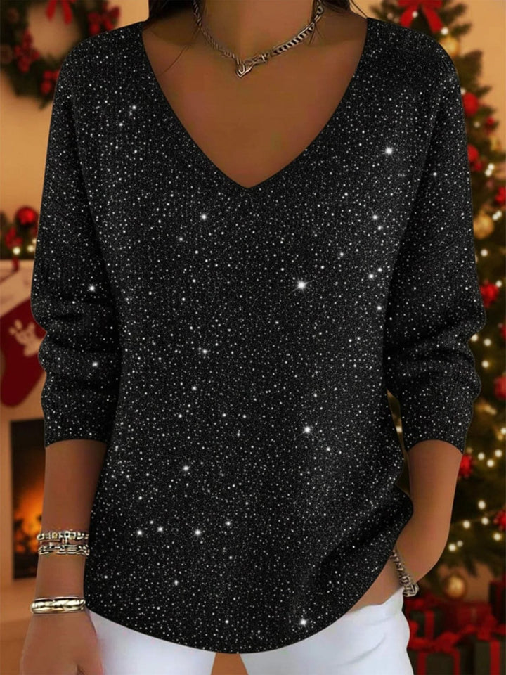 Festive Glitter V-Neck Long Sleeve Jumper for Women - Black