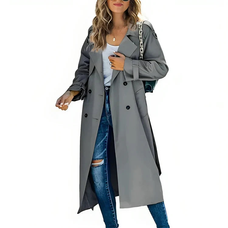 Stijlvolle Lange Dames Trenchcoat met Ceintuur en Dubbele Knopen