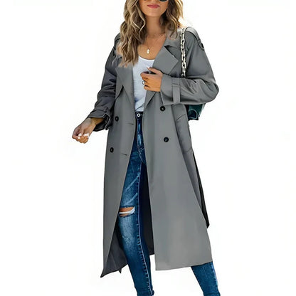 Stijlvolle Lange Dames Trenchcoat met Ceintuur en Dubbele Knopen