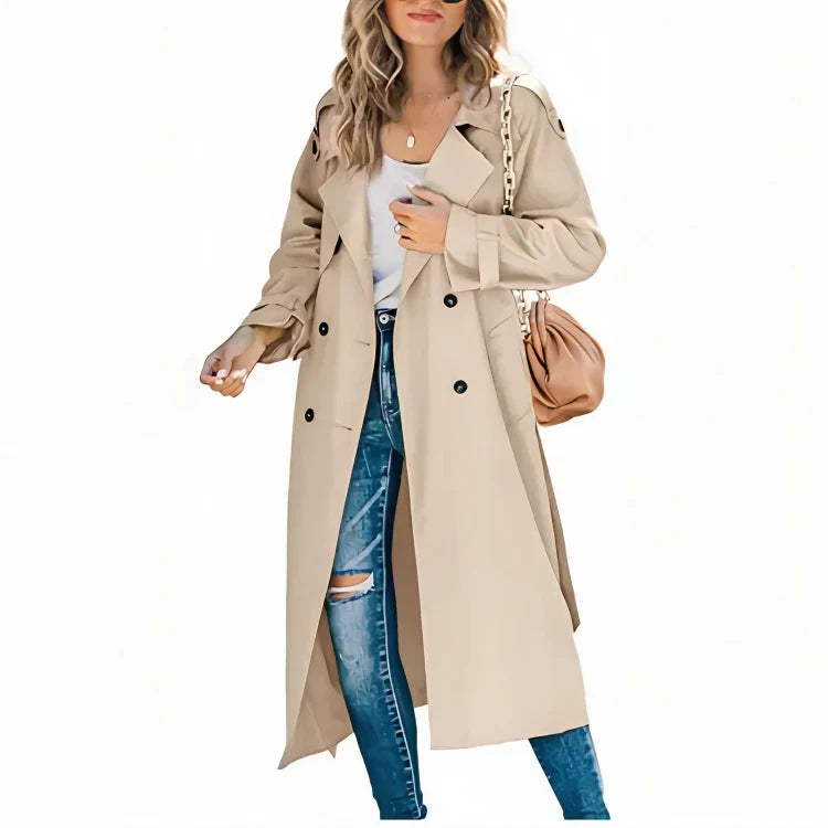 Stijlvolle Lange Dames Trenchcoat met Ceintuur en Dubbele Knopen
