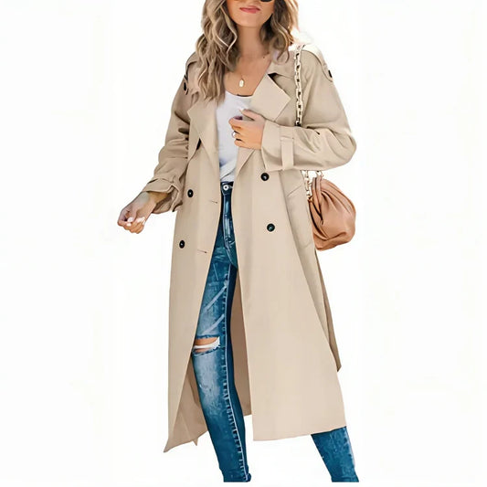 Stijlvolle Lange Dames Trenchcoat met Ceintuur en Dubbele Knopen