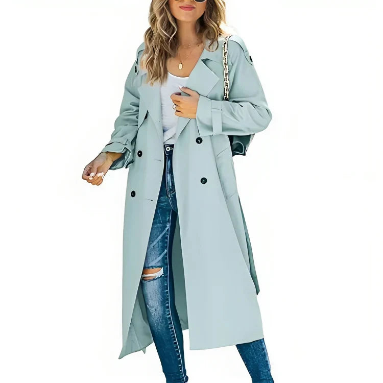 Stijlvolle Lange Dames Trenchcoat met Ceintuur en Dubbele Knopen