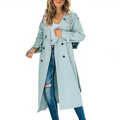 Stijlvolle Lange Dames Trenchcoat met Ceintuur en Dubbele Knopen