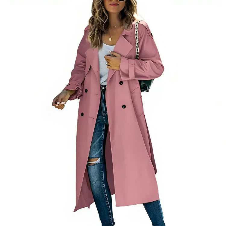 Stijlvolle Lange Dames Trenchcoat met Ceintuur en Dubbele Knopen