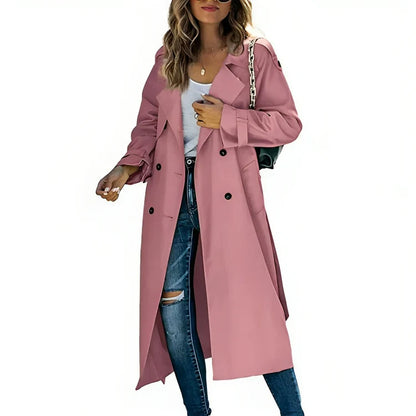 Stijlvolle Lange Dames Trenchcoat met Ceintuur en Dubbele Knopen