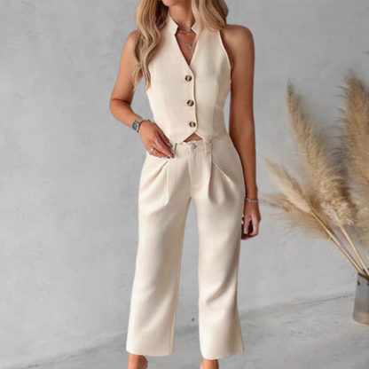 Luxe Beige 2 Delige Dames Set Met Broek En Vest