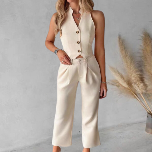 Luxe Beige 2 Delige Dames Set Met Broek En Vest
