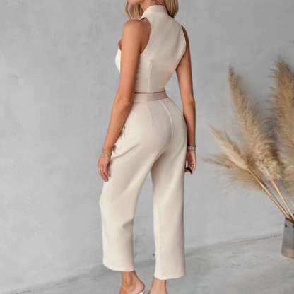 Luxe Beige 2 Delige Dames Set Met Broek En Vest